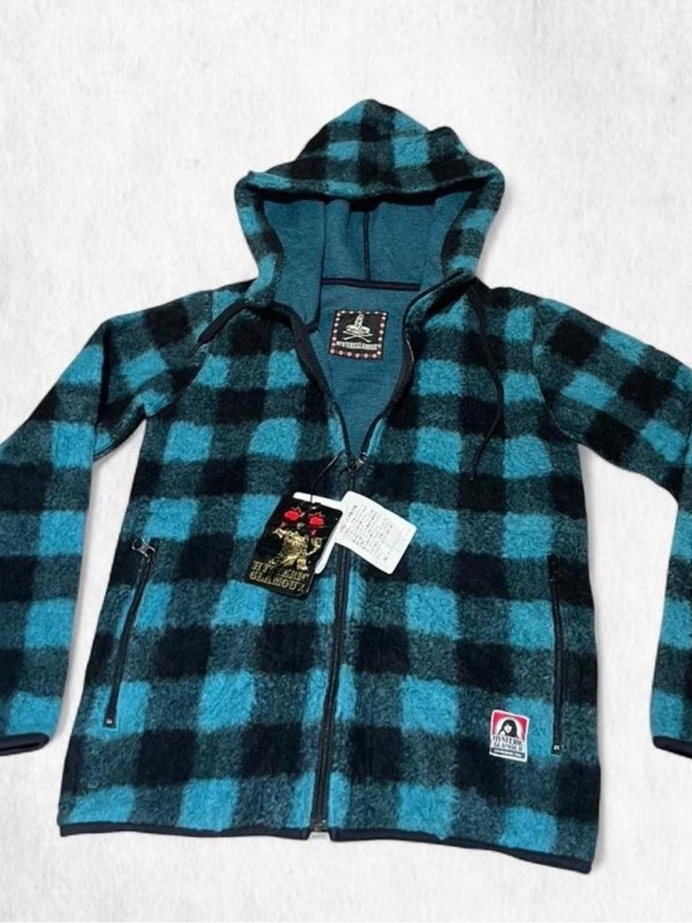Insane RARE VTG Hysteric Glamour Deadstock black and blue plaid fleece jacket ☠️